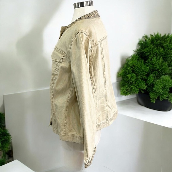 New Avenue AV/X Khaki Denim Embellished Jewel Trim Jacket - Picture 6 of 16